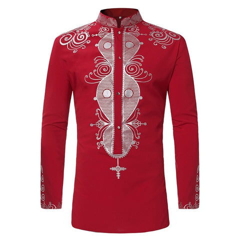 Crimson and Silver Mens Hipster African Dashiki Longline Shirt