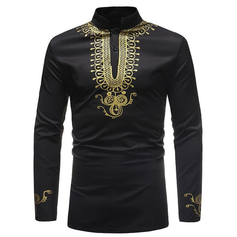 Black and Gold scroll Mens Hipster African Dashiki Longline Shirt